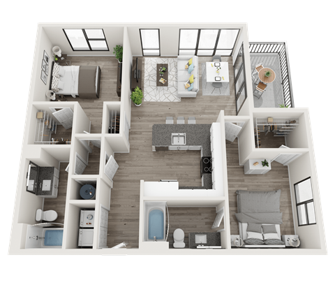 Floor plan for 2 beds, 2 baths, 1107 sqft